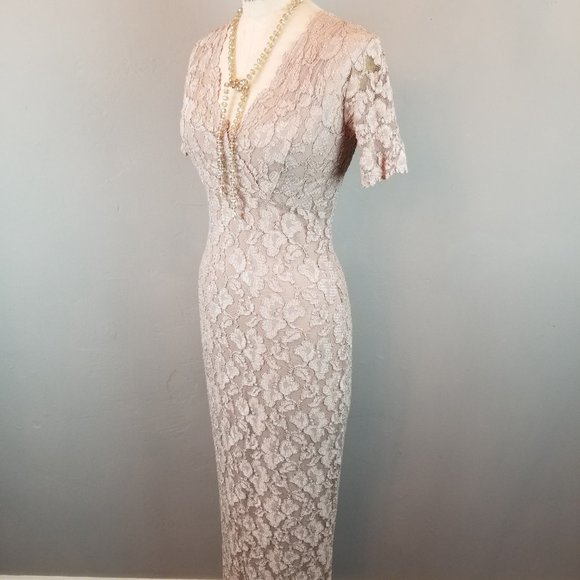 Vintage Y2K Michi Long Taupe Lace Fitted Sheath Dress Women's Size Small - Picture 3 of 11